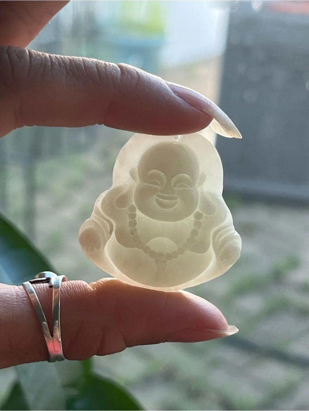 Natural White Jadeite-Style Nephrite Jade Carved Laughing Buddha Pendant - NWOT